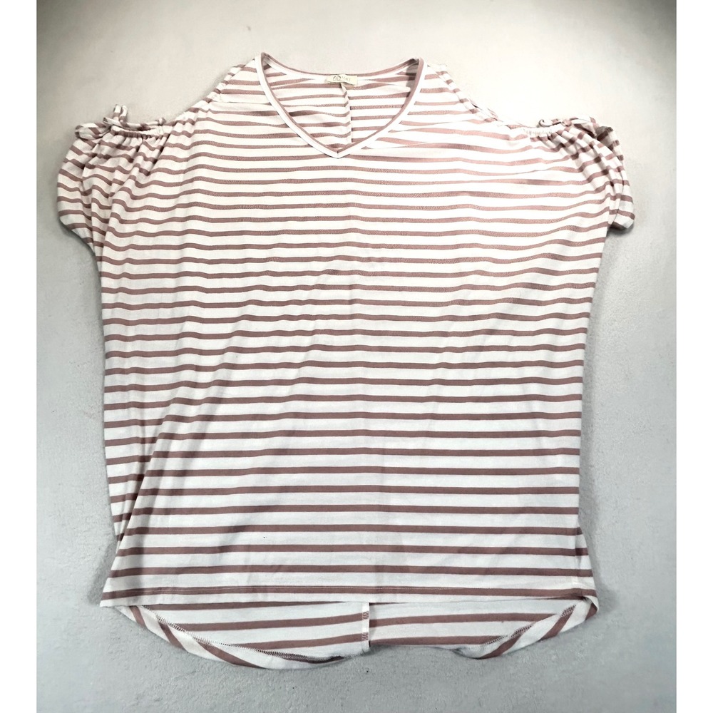 Be Stage T-Shirt Women Small Mauve Striped Cold Shoulder PT11139